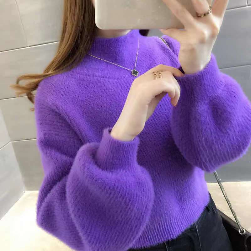 Women's Fashion Casual Fall Winter Solid Color Print Long Sleeve Half Turtleneck Sweaters