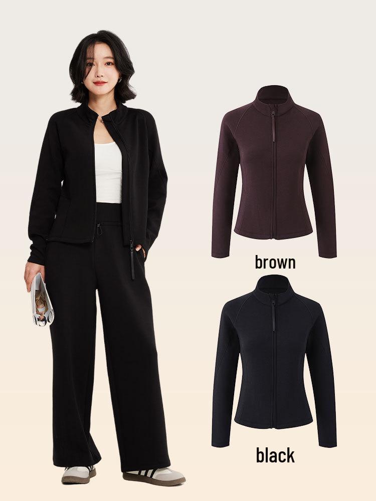 Женская спортивная куртка из двухслойного материала, выгодно подчеркивающая фигуру: Кардиган для йоги со стойкой