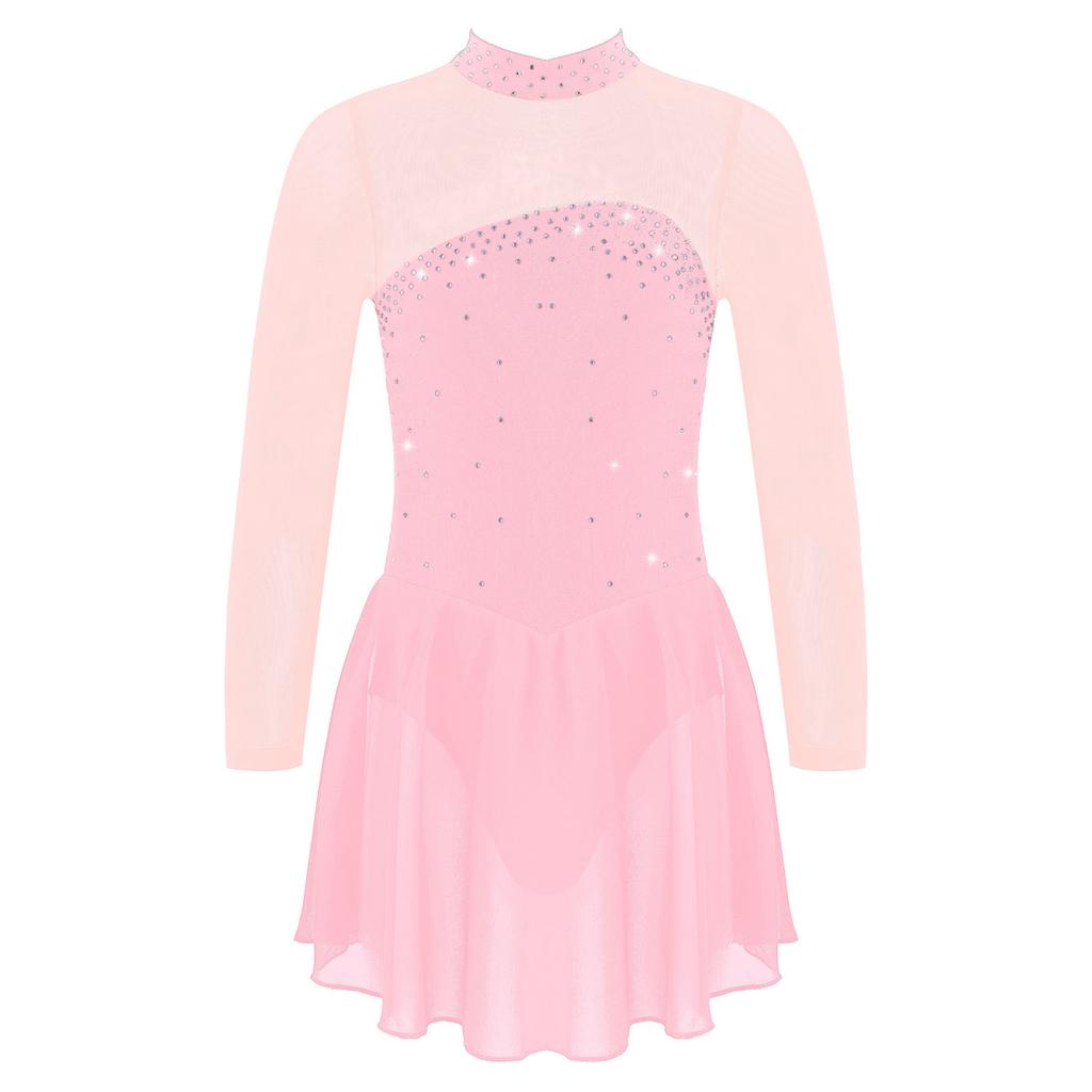 Children Girls Shiny Rhinestones Mesh Keyhole Back Figure Ice Skating Dress Long Sleeves Roller Skating Ballet Dance Leotard Dress