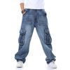 2021 New Japan Style Brand Mens Straight Denim Cargo Pants Biker Jeans Men Baggy Loose Blue Jeans With Side Pockets Jeans Men