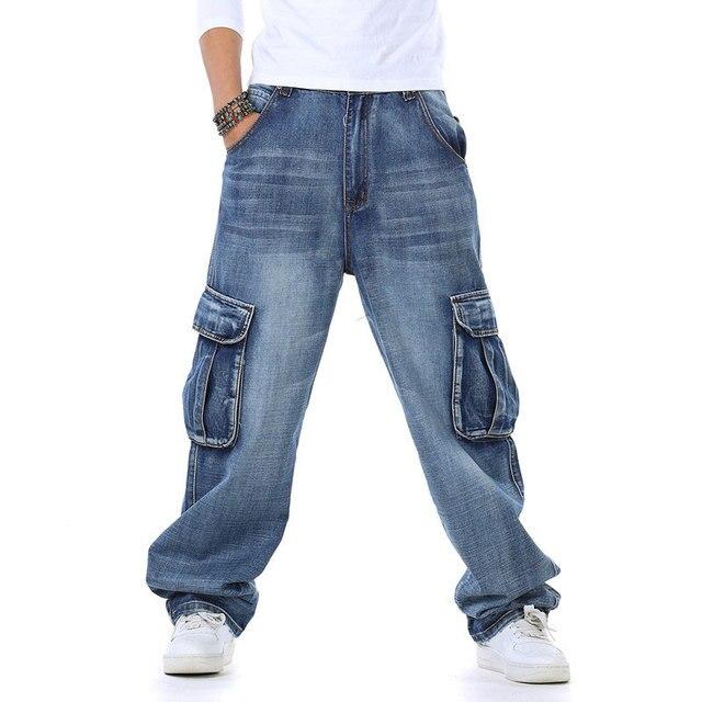 2021 New Japan Style Brand Mens Straight Denim Cargo Pants Biker Jeans Men Baggy Loose Blue Jeans With Side Pockets Jeans Men