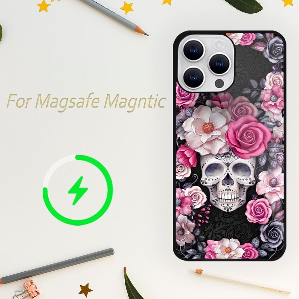 Роскошный чехол для телефона Skull Dead Flowers для iPhone 15 14 13 12 11 Plus Pro Max Magsafe Magnetic Wireless Charger