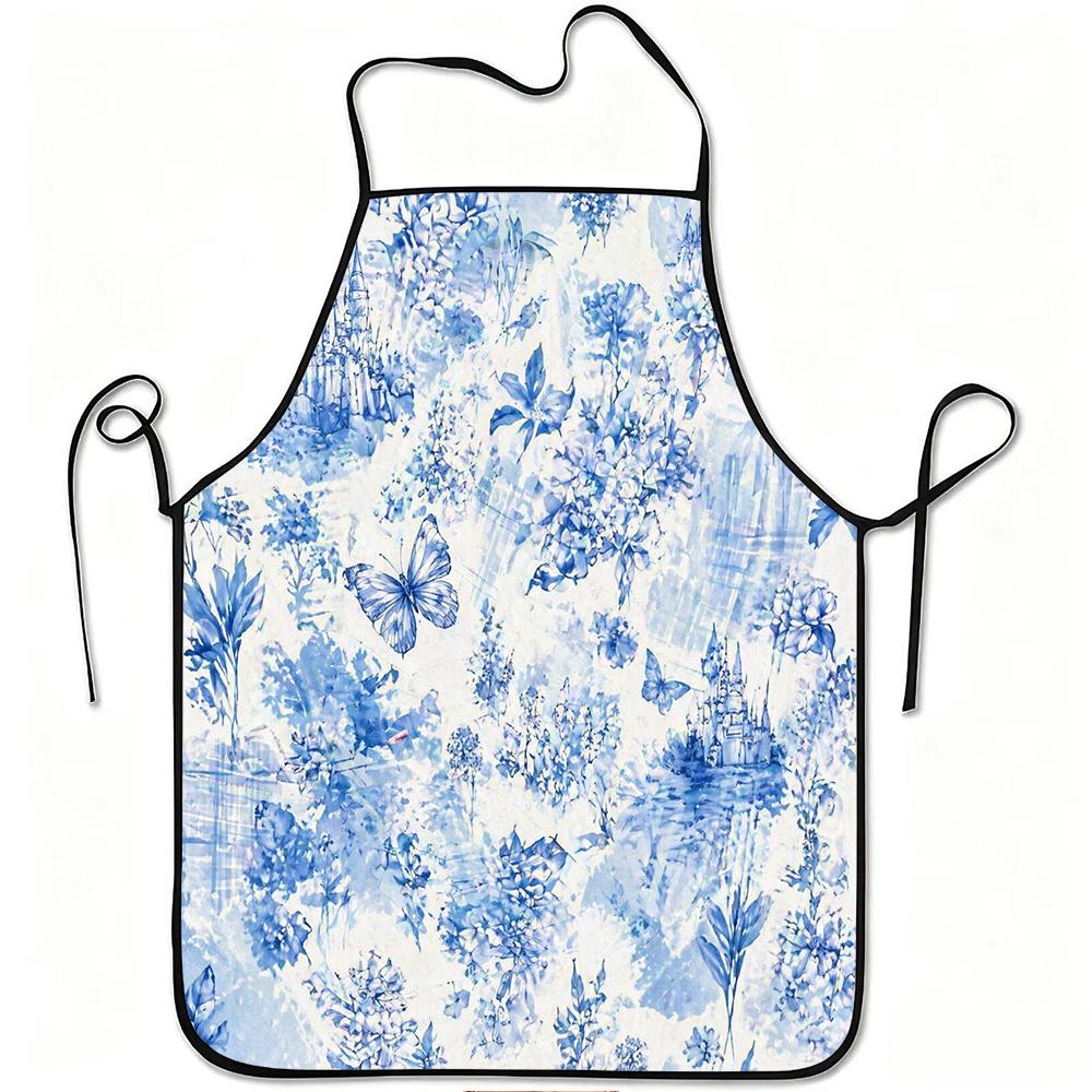1pc Blue Butterfly Castle Flower Print Apron, Durable And Easy to Clean, Adjustable Waistband, Polyester Material, for Kitchen Cooking, Gardening, Orc
