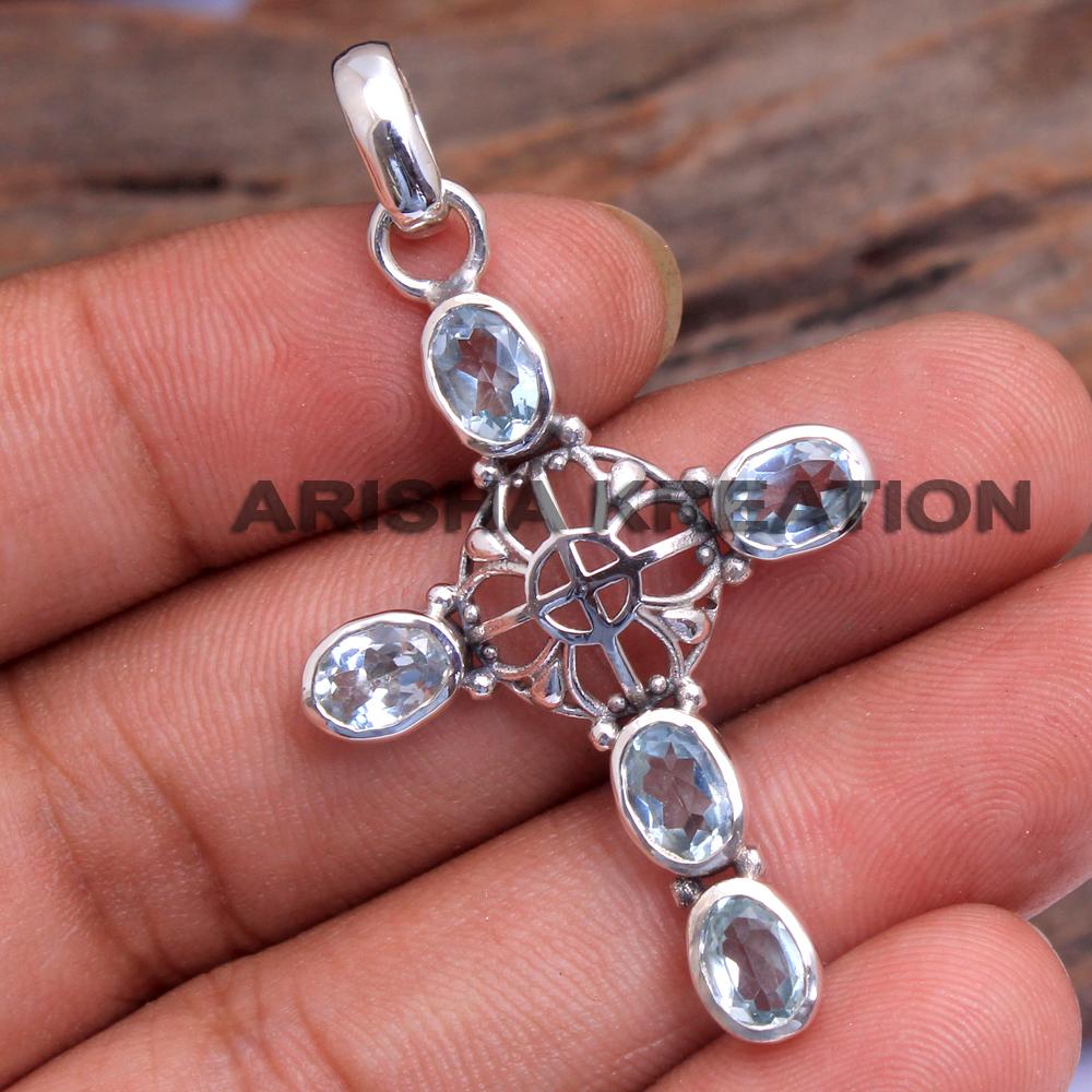 Ювелирные изделия ручной работы из стерлингового серебра 925 пробы, кулон Рейки, серебряный кулон с голубым топазом, кулон унисекс, кулон в виде креста, духовные украшения