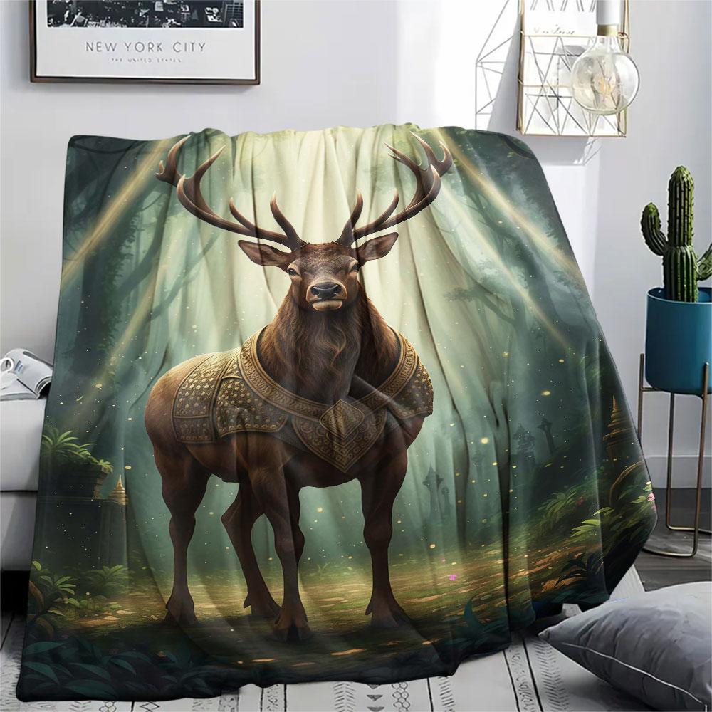 1Pc Golden-armoredanimals Print Flannel Blanket, High quality Comfortable for All Seasons, Home Decor, Warmth and Comfort, Perfect for Christmas Gifts