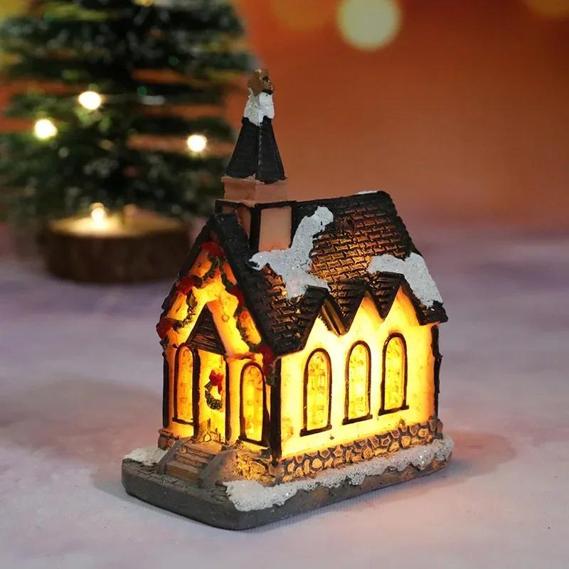 Christmas Decoration Resin Miniature House LED Light Mini Building Living Room Festive Display Small Ornaments Xmas Gift