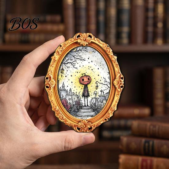 Halloween Party Favors Wooden Frame Refrigerator Magnet, Retro Oval Fridge Vintage Magnet Pumpkin Ghost Magnetic Decoration for Kitchen Illustration