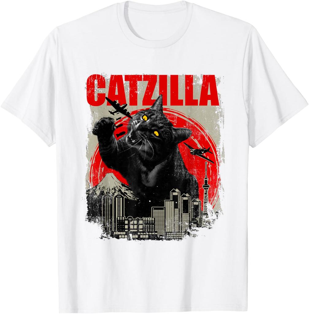 Catzilla Футболка Повседневная Смешная Любитель Кошек Котёнок Кити Короткий Рукав Футболка Любитель Животных Футболка Хлопковая Рубашка