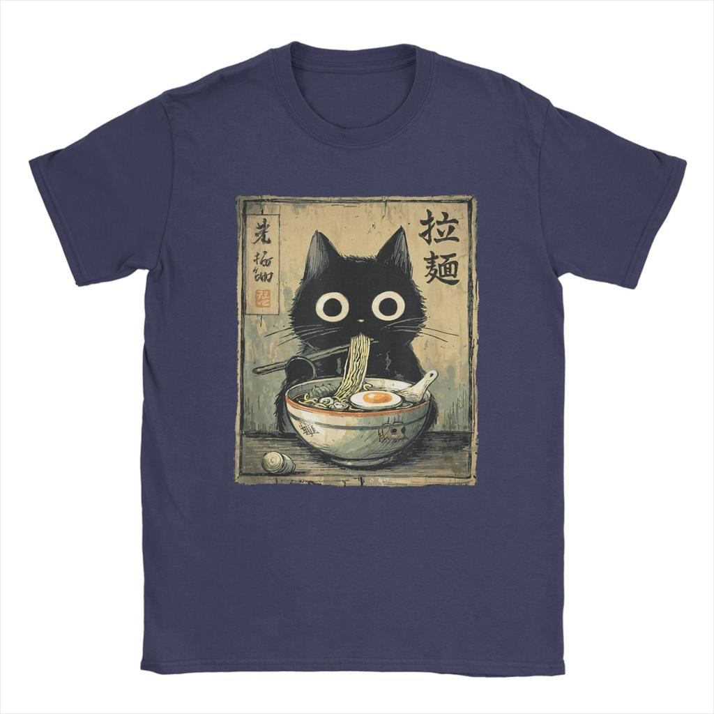 Kawaii RaUnisex Cat Retro Japanese Noodles Artwork Unisex T Shirt Vintage Tee Shirt Short Sleeve O Neck TShirt Cotton Gift Idea Tops