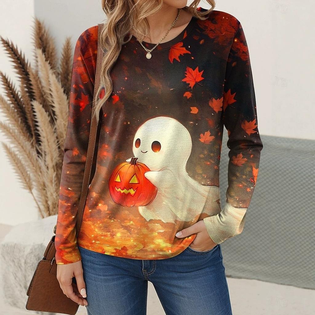 Halloween Women's Long Sleeve T-Shirt Pumpkin Skull Pattern Retro Fashion Round Neck Regular Top Everyday Weekend