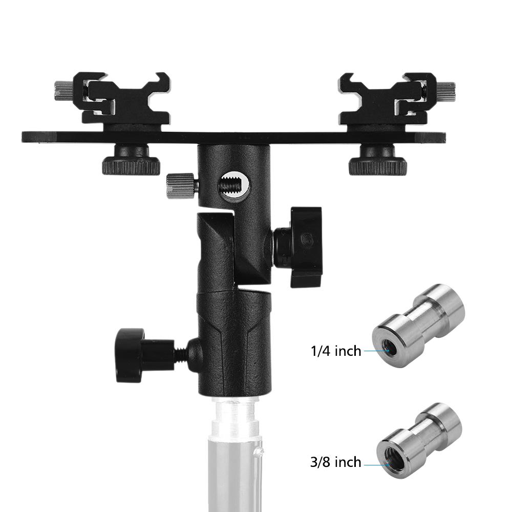T shaped Dual Flash Bracket Flash Speedlite Stand with 2 Cold Shoe Mounts 1 4 Inch to 3 8 Inch Mount Umbrella Hole