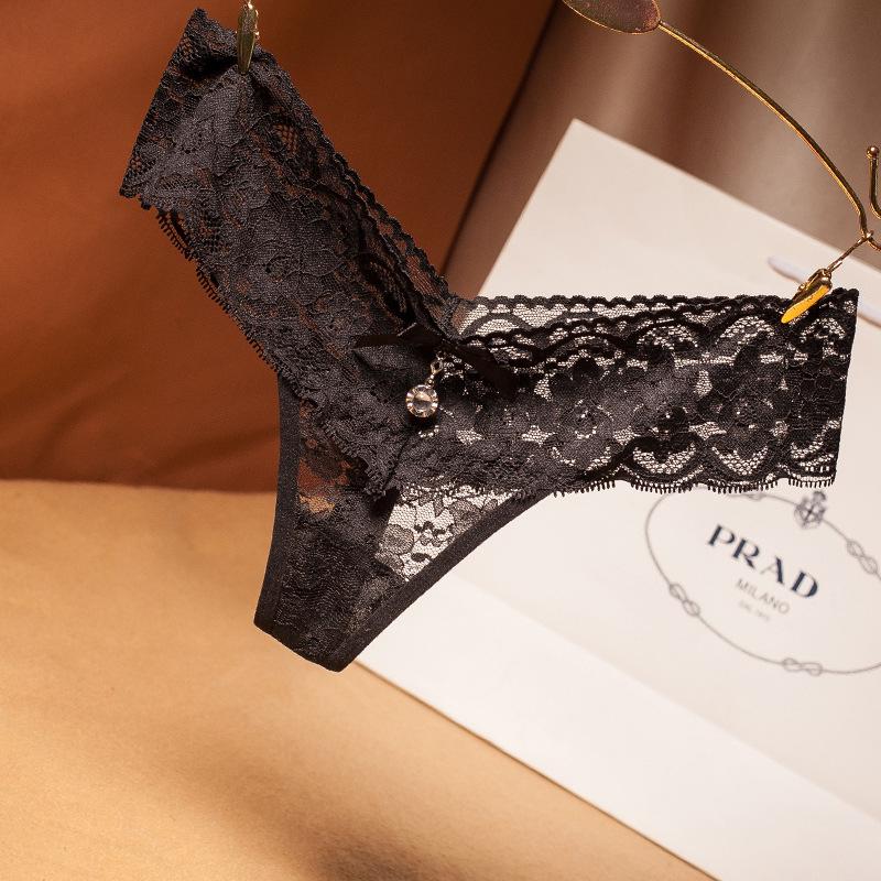 Lace Rhinestone Low-Waist Thong - Sexy European & American Seamless Transparent T-Panties