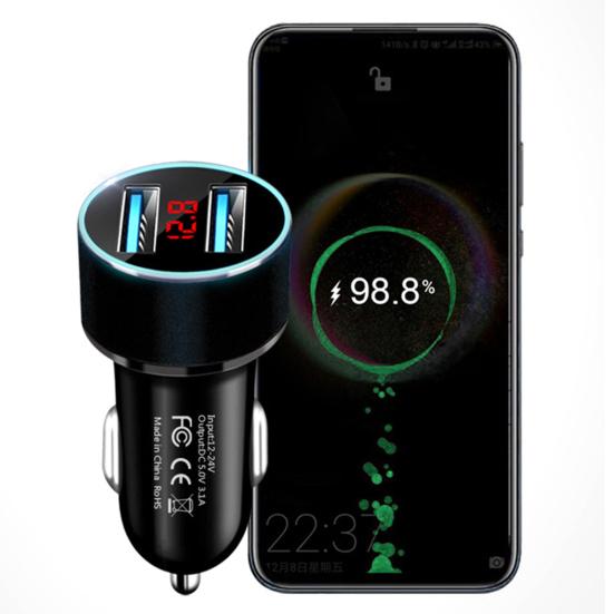 Автомобильное зарядное устройство 3.1A, двойной USB-порт, быстрая зарядка, адаптер для мобильного телефона из алюминиевого сплава с ЖК-дисплеем для телефона