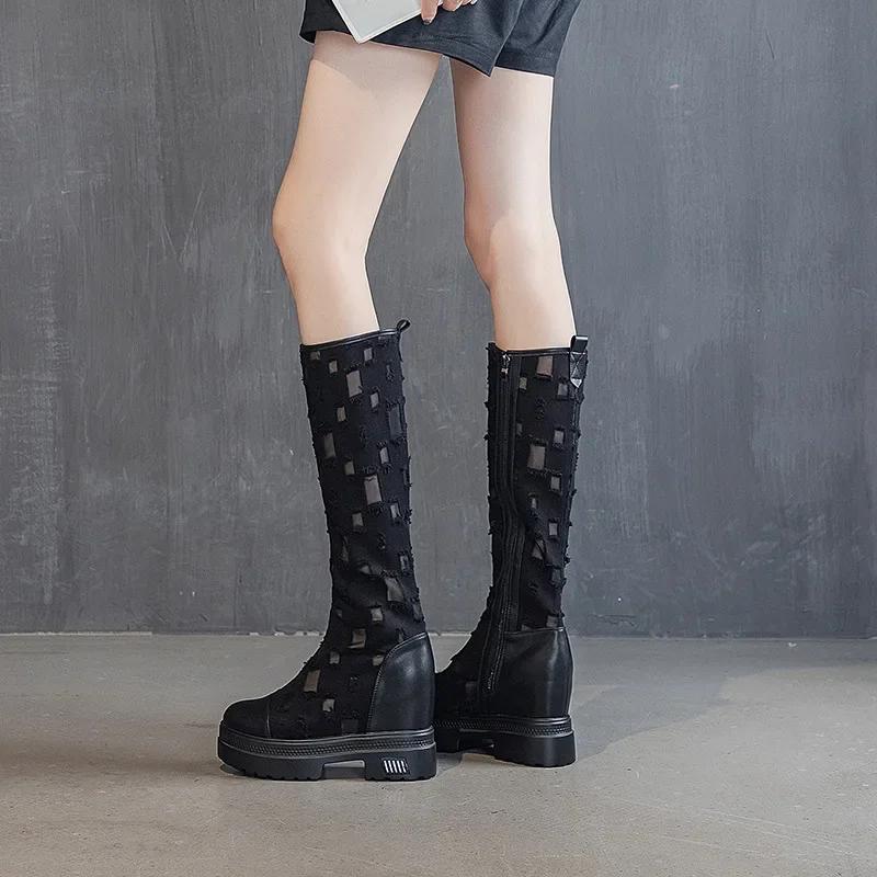 Ковбойские сапоги для женщин летние джинсовые парусиновые сапоги на толстой подошве дышащие полые сетчатые с внутренней платформой крутые сапоги женские боты