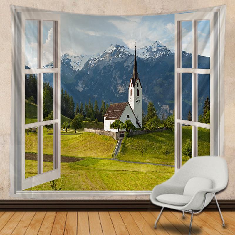 Окно дома арт-деко гобелен психоделическая сцена хиппи богемные украшения листы коврик для йоги украшение стены спальни