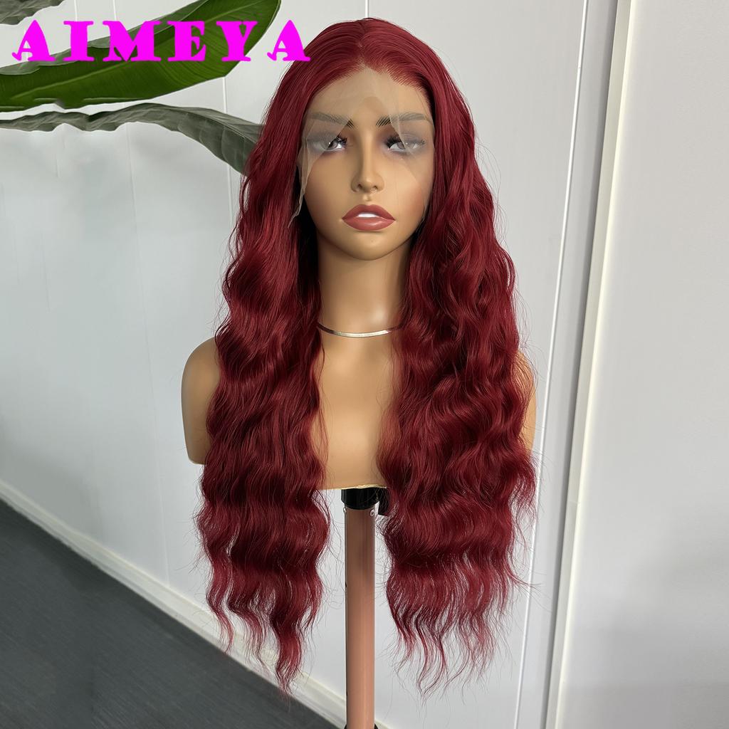 AIMEYA Бордовая кружевная парика Длинная волна Body Synthetic Hair Без клея 13x4 Кружевная передняя парика для женщин Винно-красные парики Повседневная носка Косплей