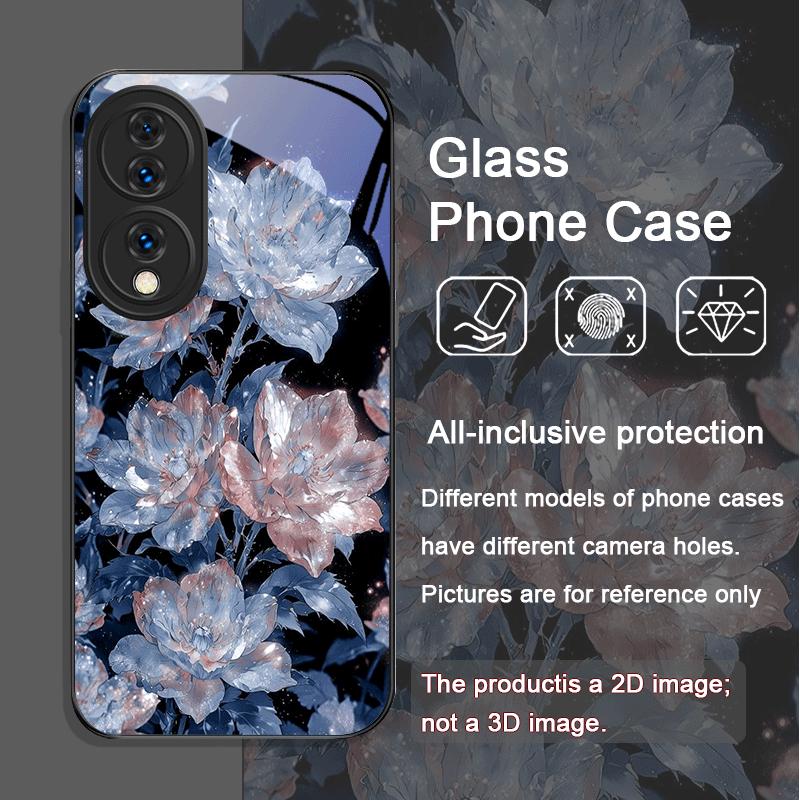 Stylish White Peony Flower Pattern Tempered Glass Phone Case for Huawei Nova 13 12 11 10 SE Mate 70 60 Pro Plus P60 P40 5G Cover