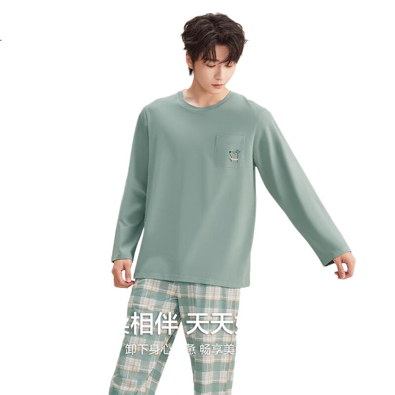 Hodo Cotton Crew Neck Pullover Plaid Pants Men's Sleepwear Outerwear Homewear