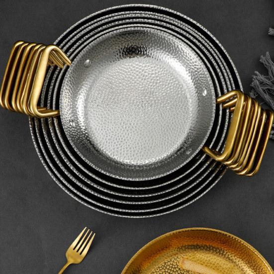 Fry Pot Saucepan Hammered Stainless Steel Paella Cooker Double-Handle Seafood