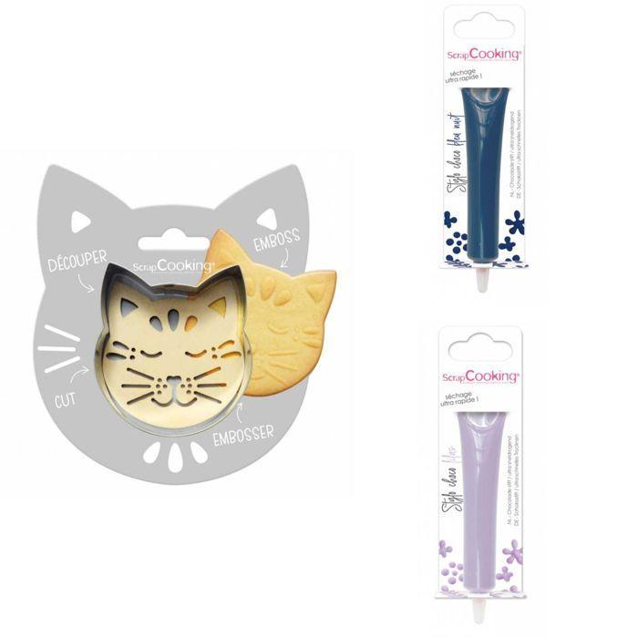 Cat Embossed Biscuit Kit + 2 Midnight Blue and Lilac Chocolate Pens