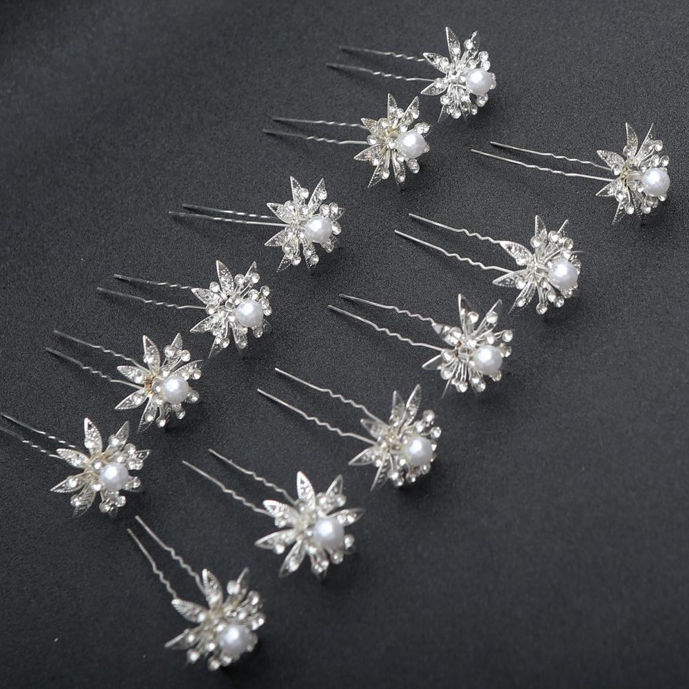 12pcs Delicate Fashion Bridal Headpiece U-Shaped Pin Pearl Flower Hairpin Women Hair Fork Coiled Hair Accessory Hairpin