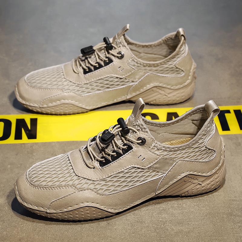 Мужская обувь из натуральной кожи, летние дышащие теннисные мужские сандалии с отверстиями для отдыха на открытом воздухе, сетчатые пляжные серые кроссовки для спорта и отдыха