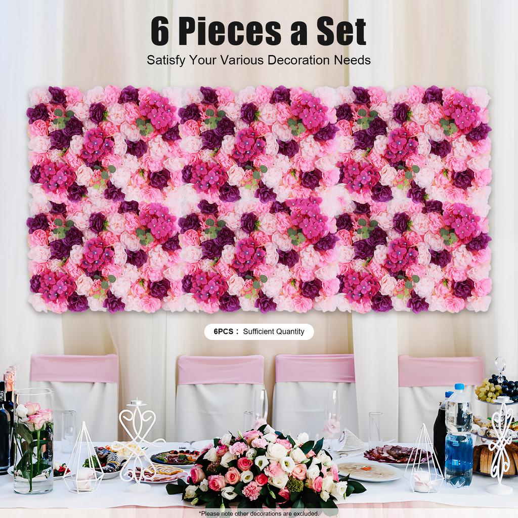6pcs Artificial Flower Wall Panel Set - Pink & Purple Dahlia,Hydrangea & Eucalyptus - Realistic Silk FlowersIndoor/Outdoor Decor