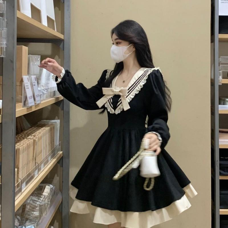 Платье с длинным рукавом и воротником темно-синего цвета, осеннее женское пышное платье, черная юбка