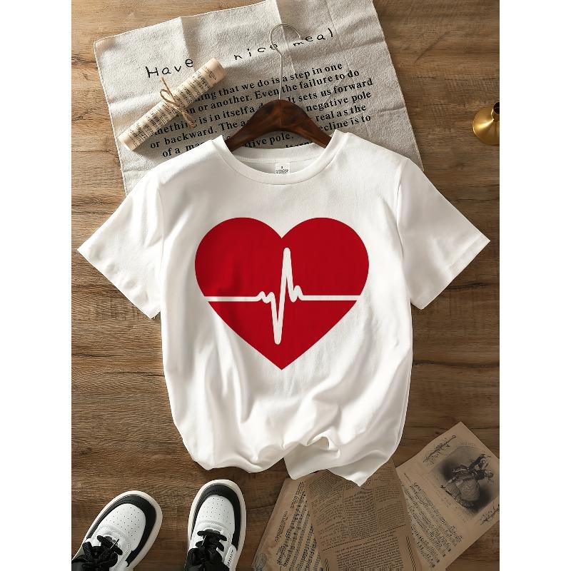 European Size Women's Red Heart  Line Print Semi-Sheer T-Shirt - Valentine's Day Casual Round Neck Short Sleeve Blouse with Romantic
