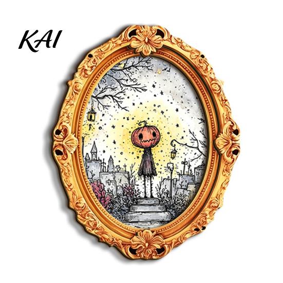 Festive Fridge Magnet Halloween Wooden Frame Refrigerator Magnet, Retro Oval Ghost Illustration Pumpkin Magnetic Decoration for Kitchen Easy Install