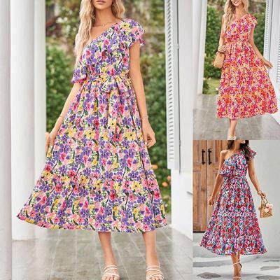 Женское летнее платье без рукавов с косыми плечами и цветочным принтом, весеннее повседневное платье А-силуэта длиной до щиколотки с высокой талией и оборками по краю