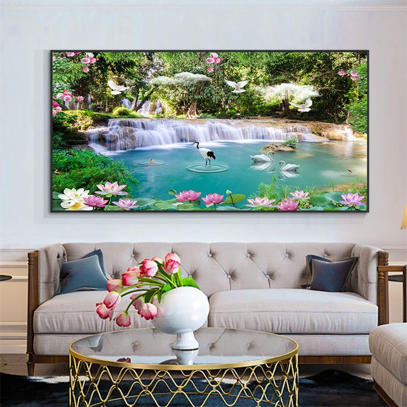Abstract Swan Waterfall Lotus Canvas Painting Wall Art Modern Nordic Landscape Posters And Prints For Living Room Home Decor