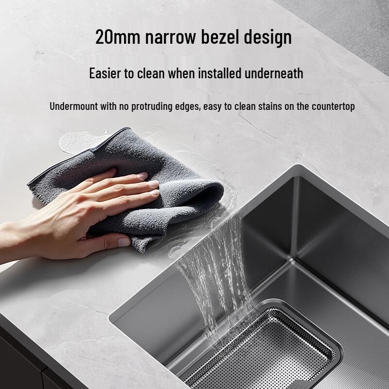 HIGOLD H1 Series 304 Stainless Steel Handcrafted Single Bowl Kitchen Sink with Slag Collector, Rolling Curtain & Pull-out Faucet