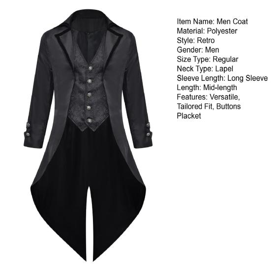 Men Tuxedo Gothic Style Slim Fit Tuxedo Jacket Lapel Long-Sleeved Suit Coat Retro Design Punk Mid-length Overcoat