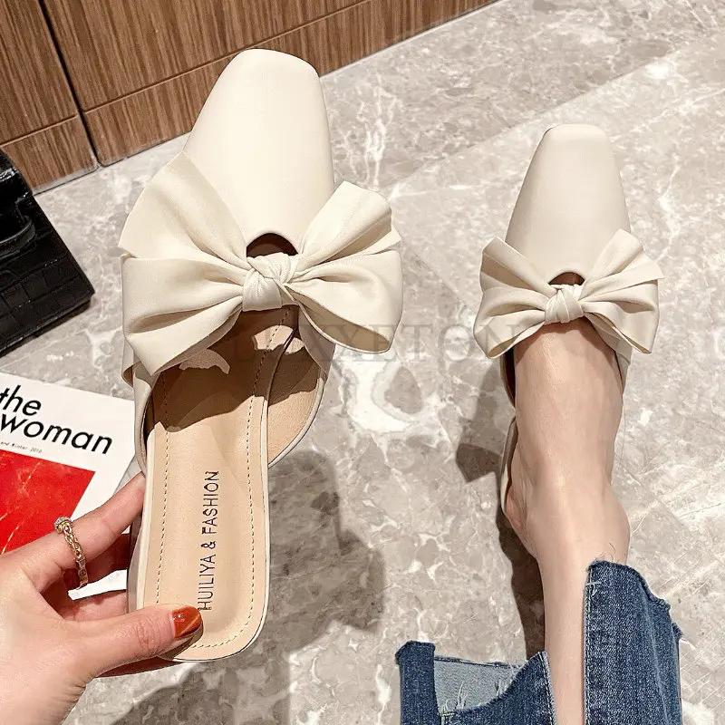 Туфли с острым носком Butterfly-Knot женские тапочки для отдыха на открытом воздухе Med Pantofle каблук мюли мокасины шлепанцы на плоской подошве с высоким покрытием PU резина