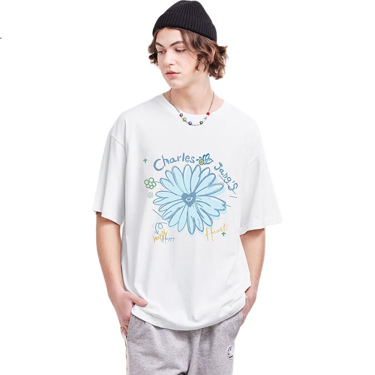 Chaersitaoxin Short-Sleeve T-Shirt with Daisy Print, Unisex Summer Cotton Half-Sleeve for Couples, Pure White, Size M