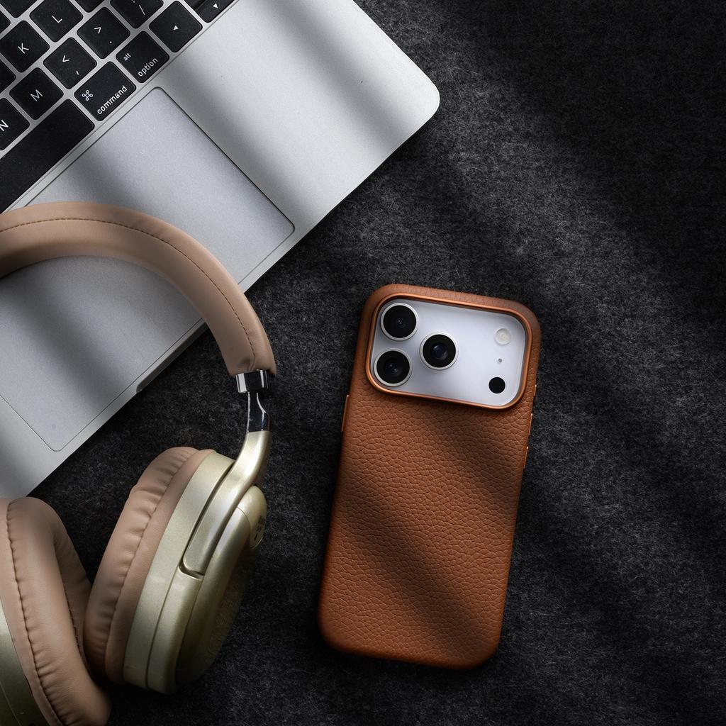 Melkco With AI Button Genuine Leather Case for iPhone 17 Pro Max Air Top-layer Cowhide Metal Lens Ring Magnetic Charging Cover