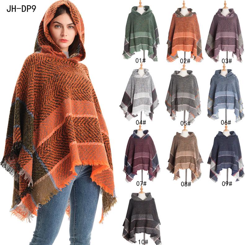 European & American Herringbone Women's Hooded Poncho Pullover (Spring, Autumn, Winter Collection)