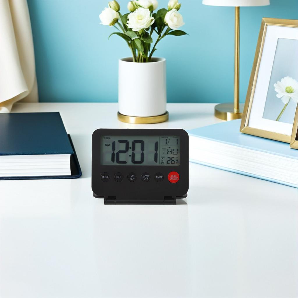 Small Alarm Clock Ultrathin LCD Display Battery Powered Non Ticking Date Temperature Flip Cover Night Light