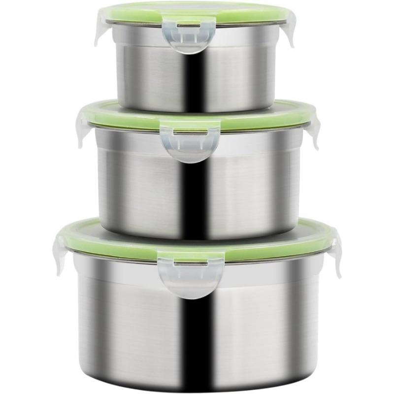 Stainless Steel Food Storage Container Set Sealed Bowl with Cover Round Meal Prep Lunch Bento Box Kitchen Fresh-keeping Bowl