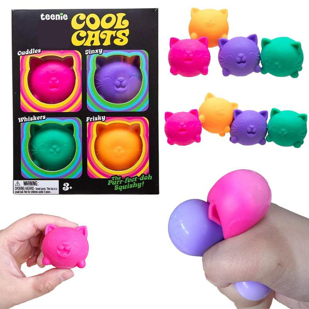 Набор из 4 шт. Teenie Cool Cats Сквиши-антистресс Мягкие сжимаемые игрушки для снятия тревоги Нетоксичные TPR Фиджет-игрушки для СДВГ и аутизма Подарок