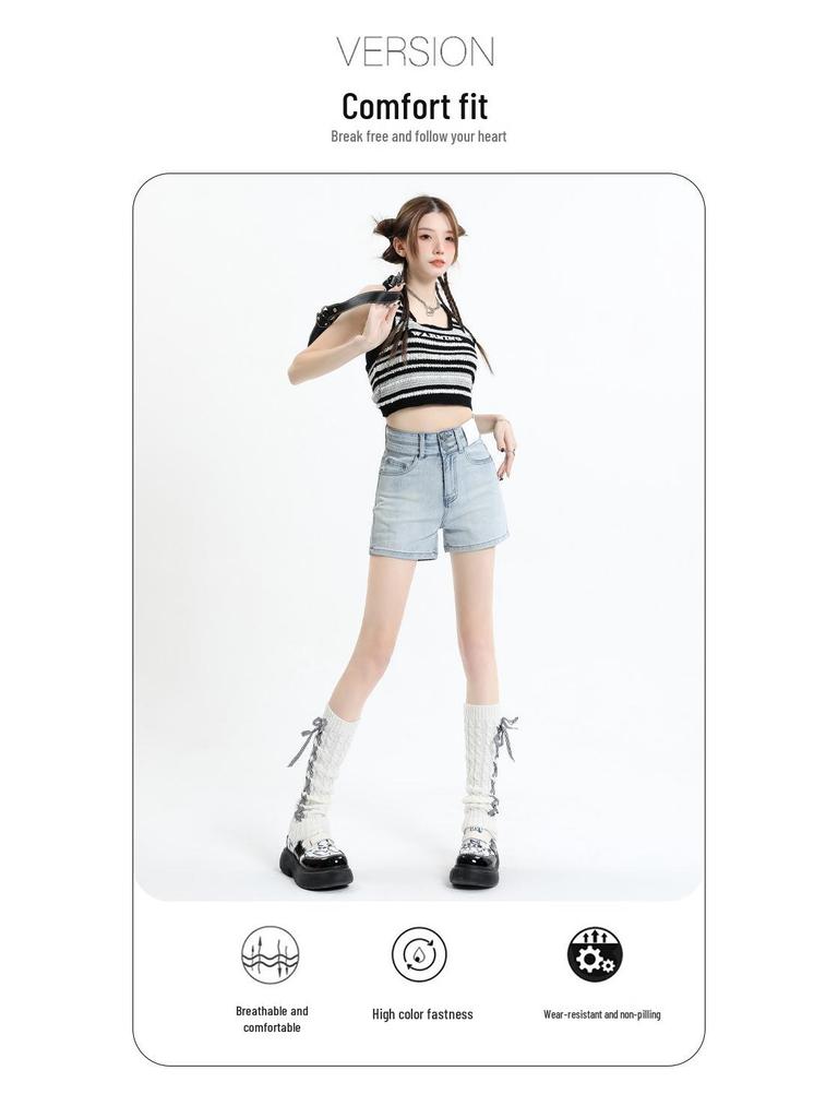 2025 Summer High Waist Black Denim A-line Shorts - Women's Versatile Wide-Leg Hot Pants