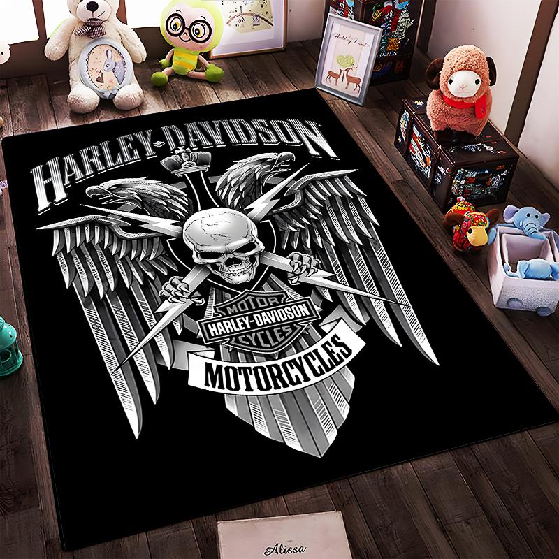 Harley Davidson Skull Wing Pattern Motorcycle Rug Black Style Carpet Suitable for use as an anti-slip for living room bedroom sofas