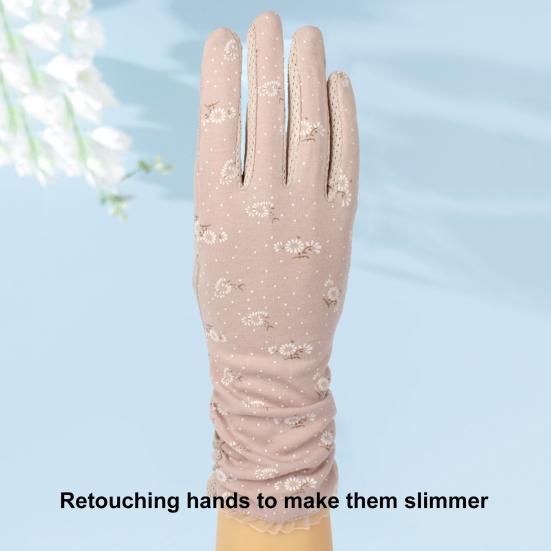 1 Pair Floral Print Anti-slip Palm Driving Gloves Full Finger Lace Stitching Wrist Extended Girls Outdoor Riding Sunscreen Mittens Cycling Accessories
