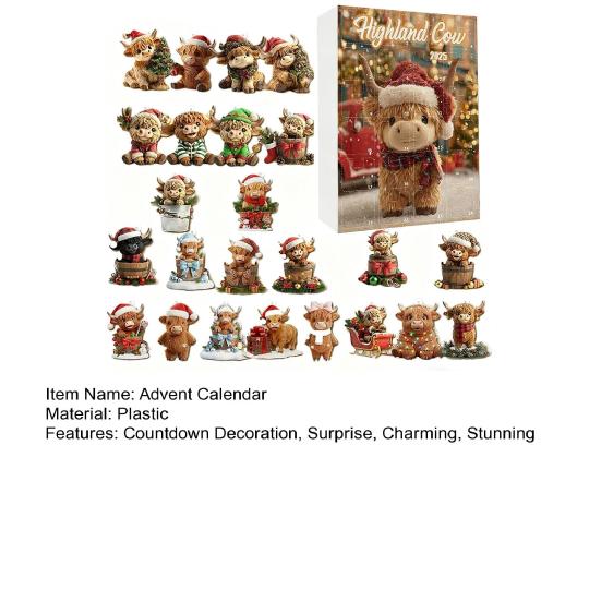 Адвент-календарь с шотландской коровой 2025 24 дня Календарь обратного отсчета до Рождества с украшениями в виде шотландской коровы для рождественской елки, домашнего декора