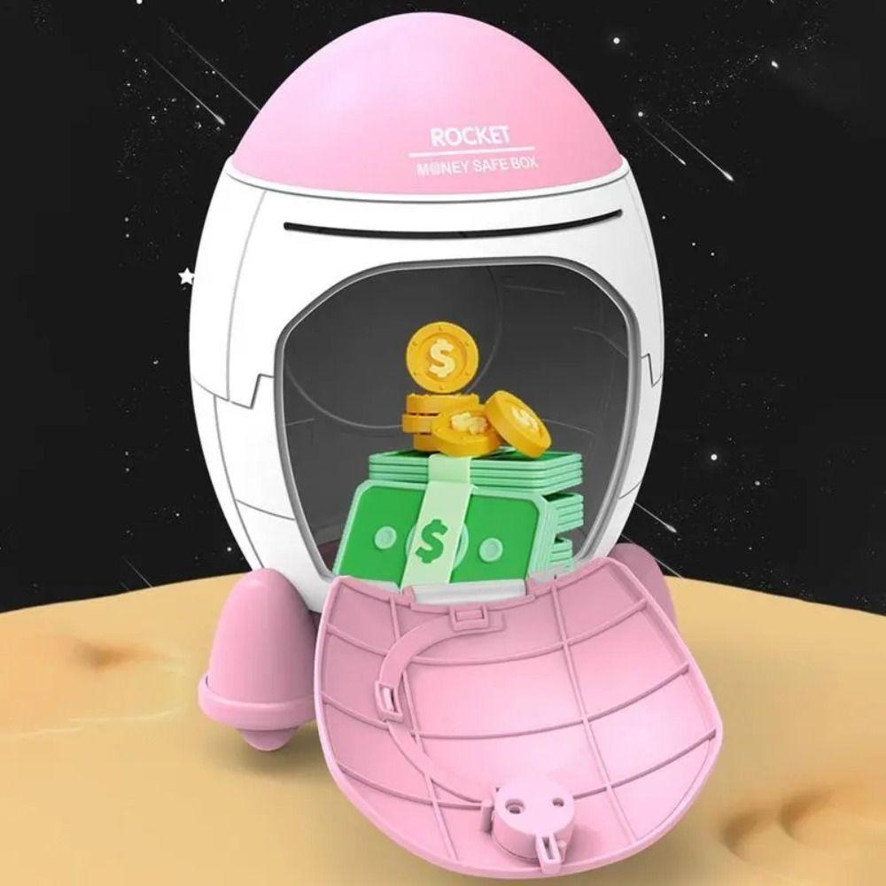 Rocket Piggy Bank with Key Switch Large Capacity Coin Money Box Cartoon Bunny Astronaut Pattern Stickers Birthday Gift for Kids