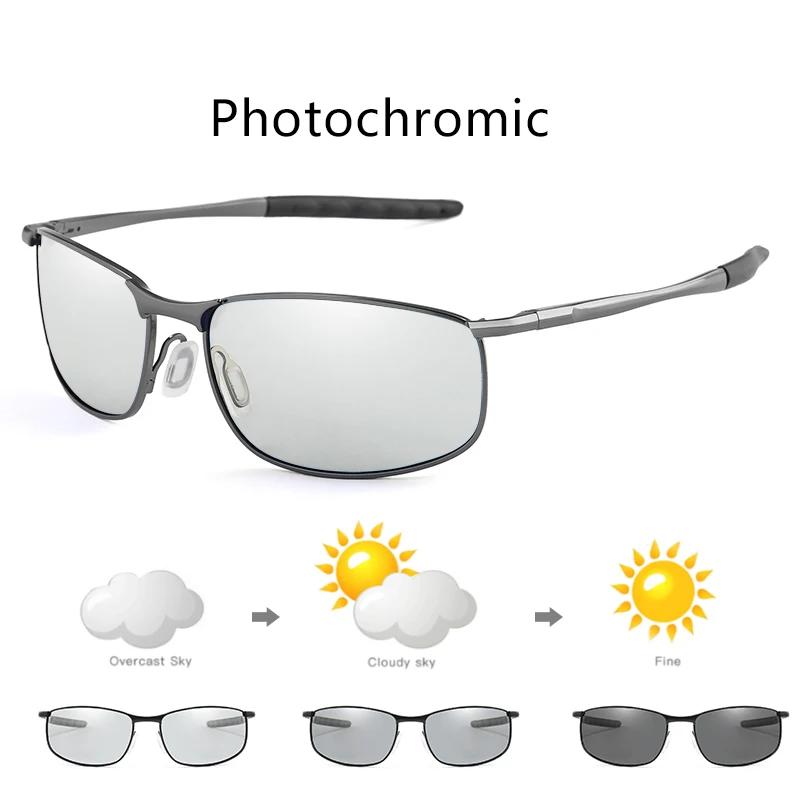 Фотохромные мужские поляризованные солнцезащитные очки Мужские металлические квадратные очки для вождения Солнцезащитные очки UV400 для активного отдыха Велосипедные очки