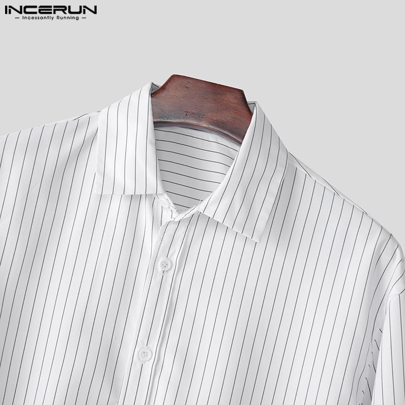 INCERUN Men Lapel Neck Long Sleeve Striped Print Casual Short Shirts Tops