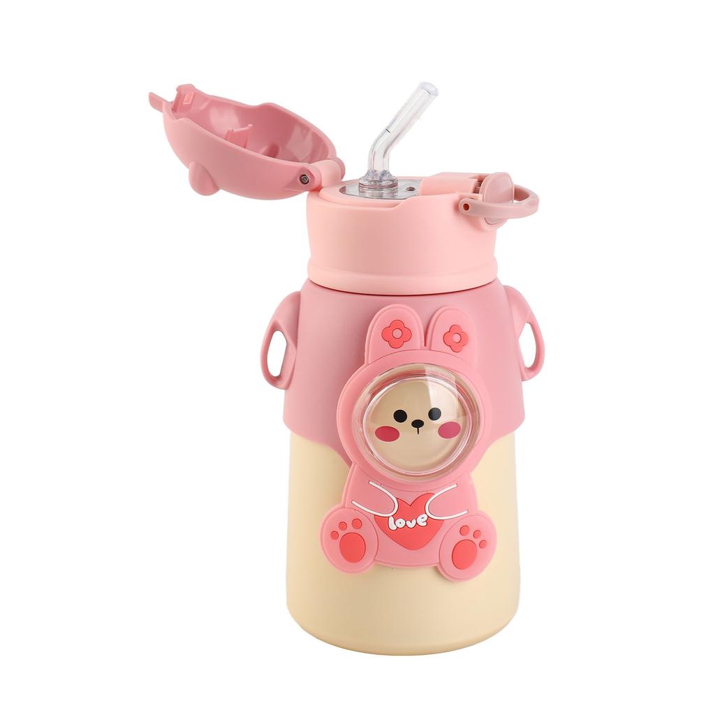 Kids Insulated Water Bottle Cartoon Cute Stainless Steel Water Flask With Straw and Strap for