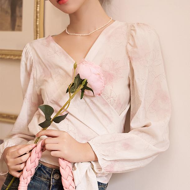 Mishow Рубашка для женщин 2023, осенний винтажный женский пуловер с цветочным принтом во французском стиле, v-образным вырезом и длинными рукавами на шнуровке, MXC41X1281
